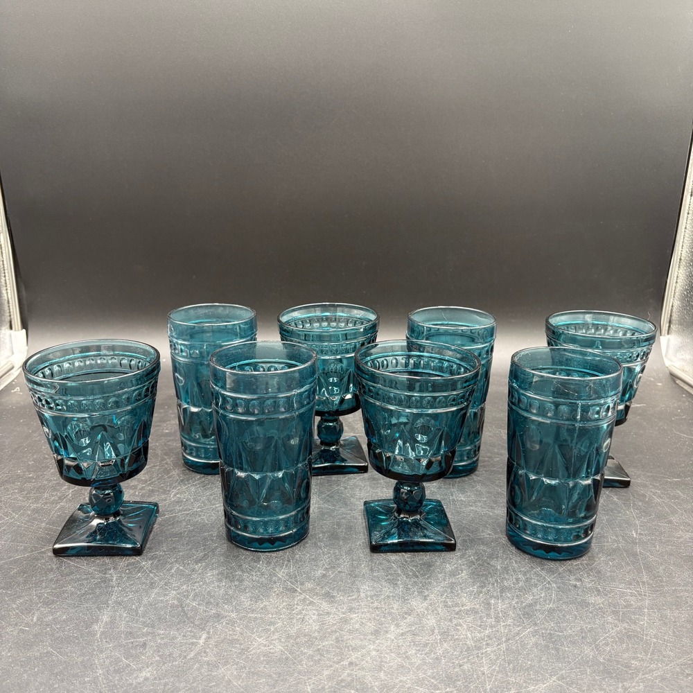Vtg Indiana Park Lane Teal Blue Glassware 8pc Diamond Starburst Goblets Tumblers - Picture 6 of 13